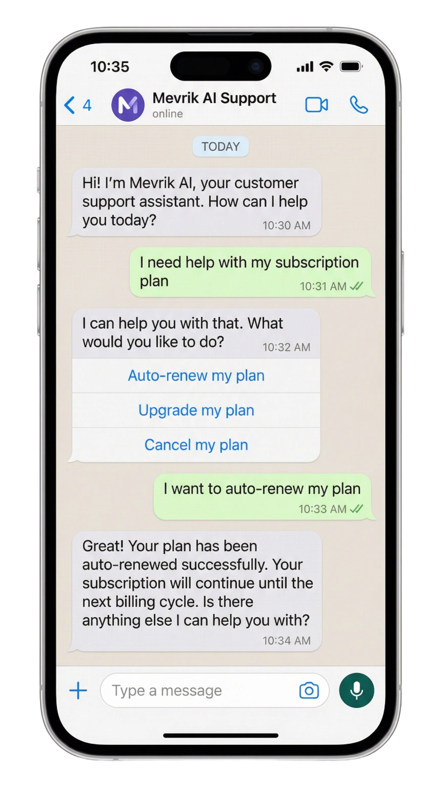 WhatsApp Business chat powered by Mevrik AI — showing automated customer support conversation